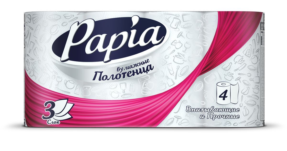 картинка Папиа / Papia - Бумажные полотенца трехслойные, белые, 4 рулона